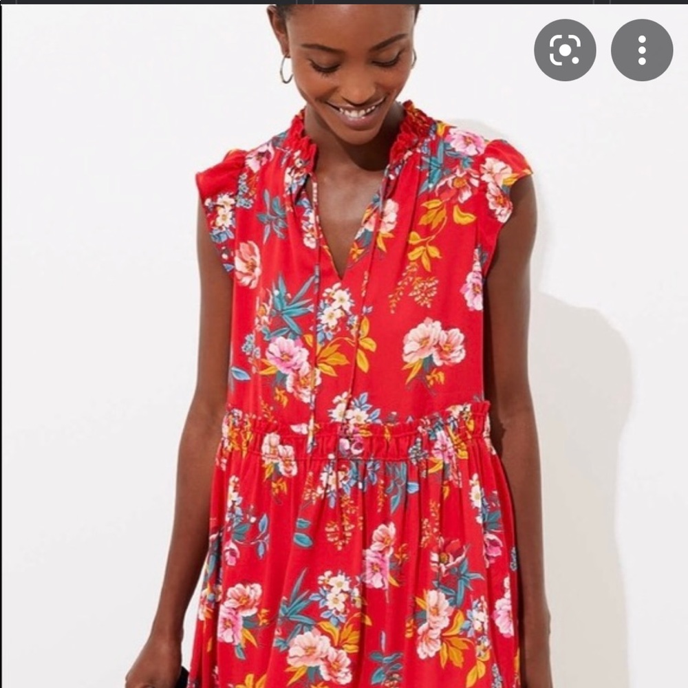 Loft Floral Smocked Tie Neck Swing Dress